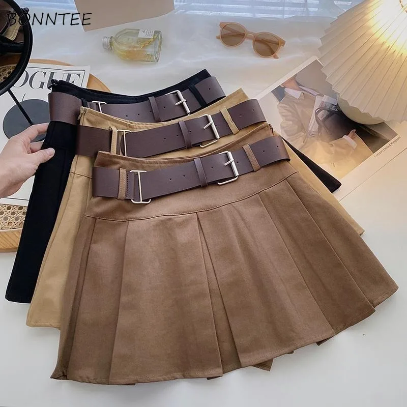 Summer High Waist Mini Skirts Women Hot Girls Temperament All-match Solid Belt A-line Faldas Stylish Y2K Harajuku High Quality