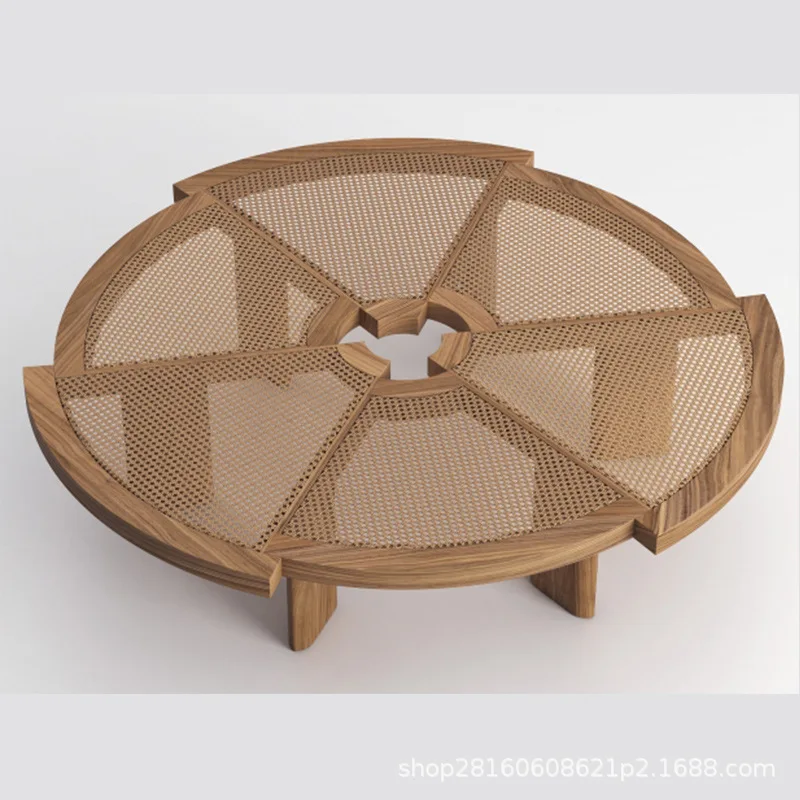 Japanese-style logs, rattan, round coffee table, wabi-sabi living room, solid wood designer, Nordic slate homestay club furnitur