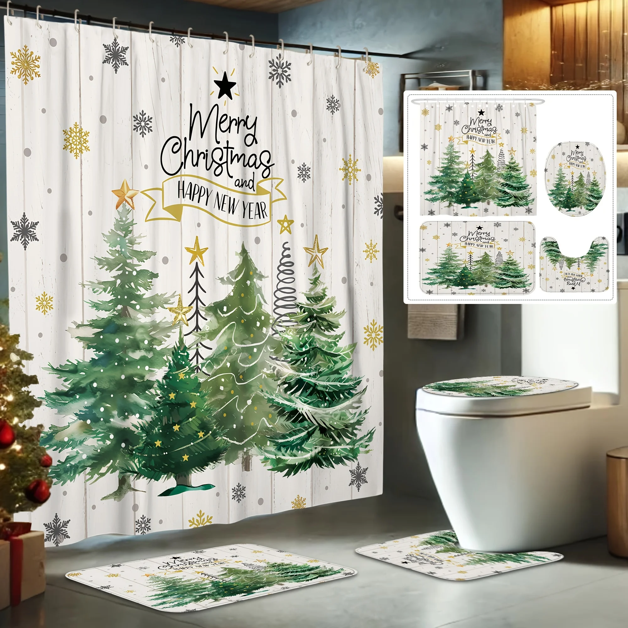 

Рождественская елка, снежинка, набор занавесок для душа с нескользящим ковриком и чехлом для унитаза, моющийся праздничный декор для ванной комнаты для новогоднего подарка