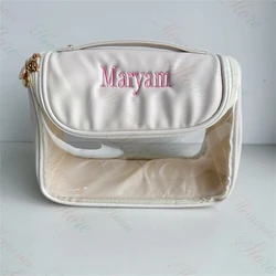 New Simple Large Capacity Portable PU Storage Bag Custom Name Transparent Makeup Bag Personalized Embroidered Cosmetic Bags