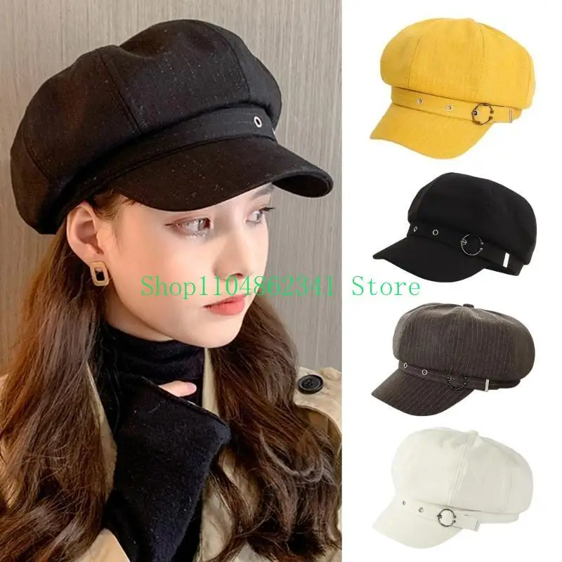 652F Girls Teens Hat Woman Octagonal Hat with Metal Fastening Decals Woman Teens Spring Sunproof French