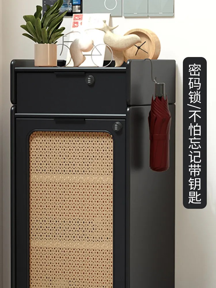 Pure solid wood shoe cabinet multi-functional with password lock retro black small apartment dust-proof and space-saving door
