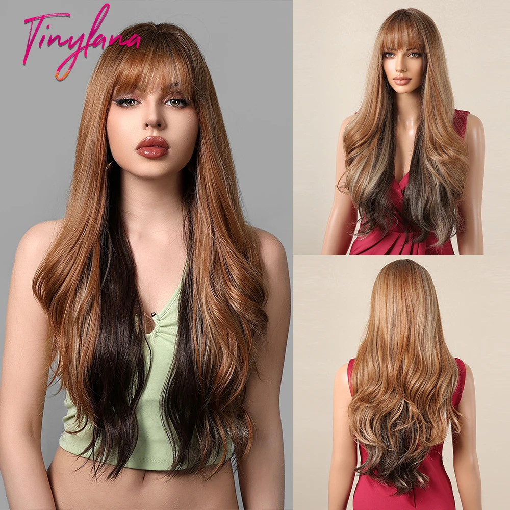 Golden Brown Long Wavy Synthetic Wigs with Bangs Cosplay Daily Natural Wave Brown Hair Wigs for White Women Heat Resistant Use