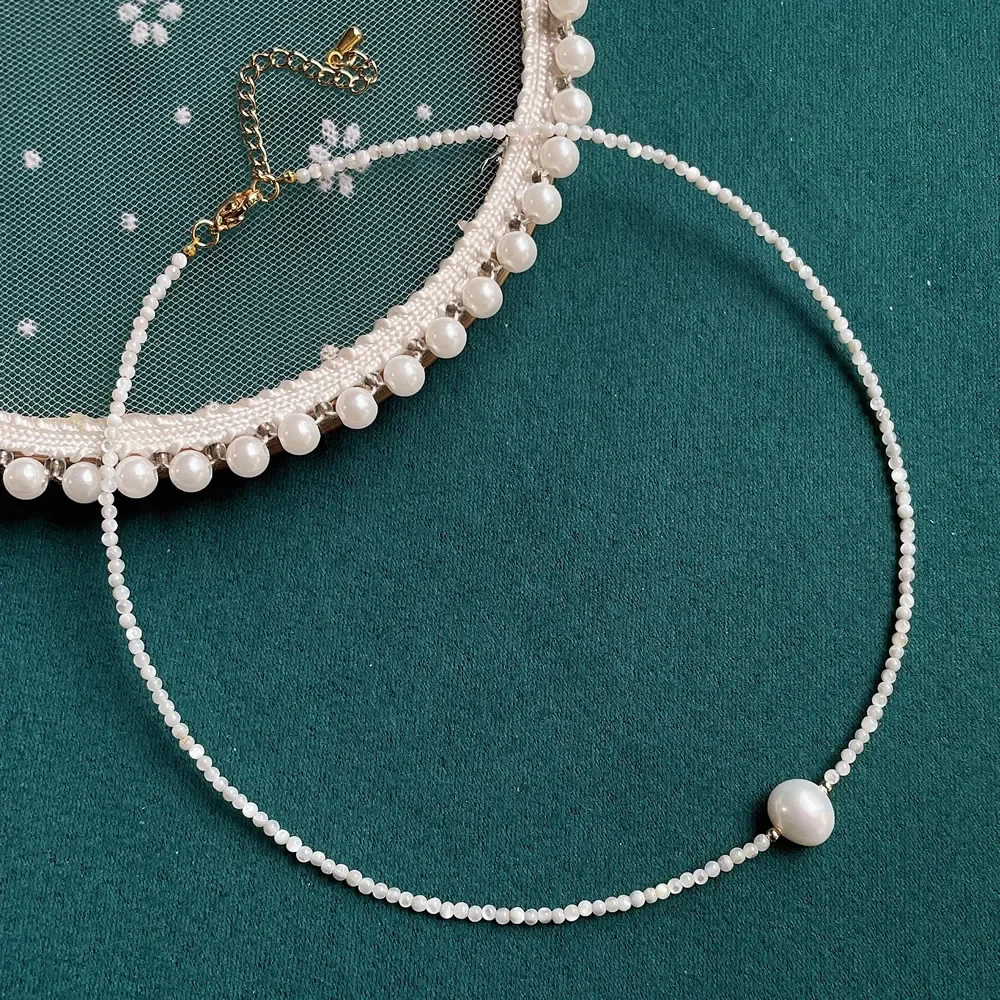 Minimalist Shell Pearl Necklace Thin 2mm Mini Shiny White Natural Freshwater Baroque Pearl Charm Short Choker Necklace for Women