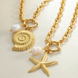 Golden Choker Spring Buckle Necklace for Women Freshwater Pearl Stainless Steel Shell Dolphin Pendants Women's Jewelry Set Gifts