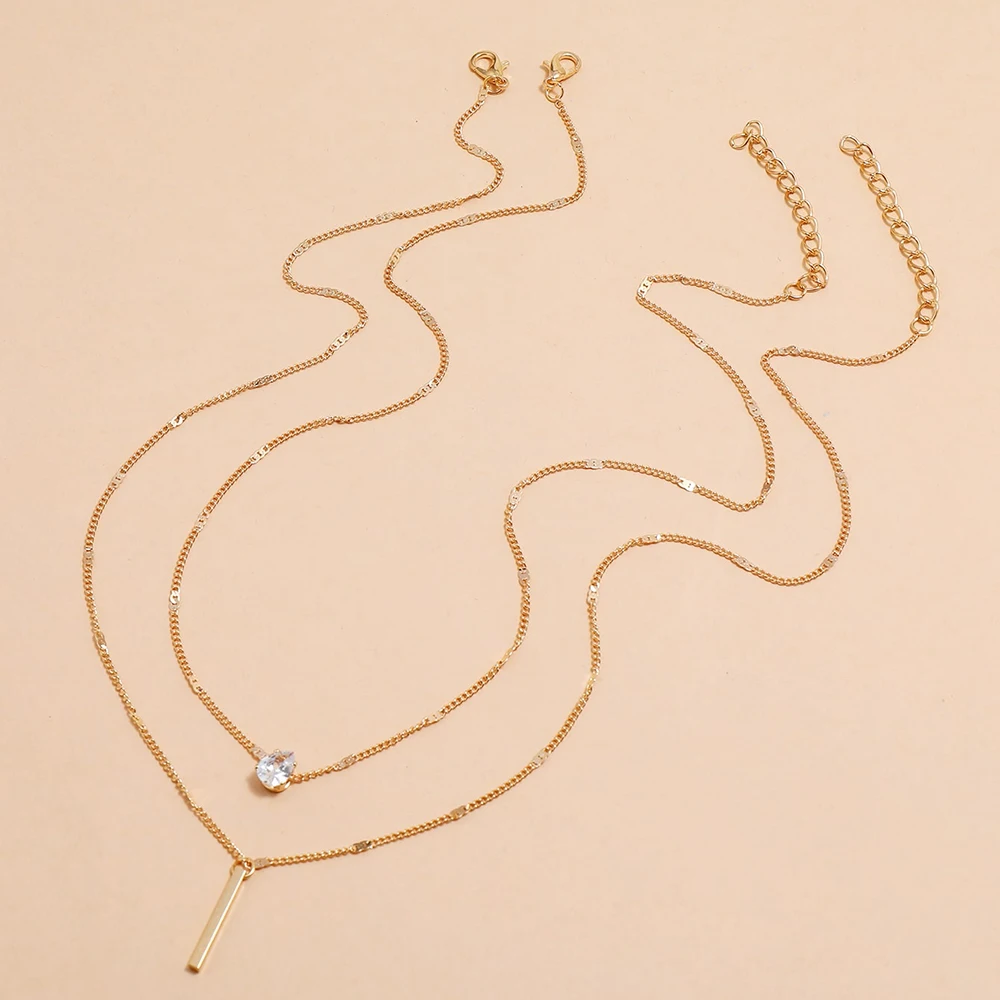 2Pcs/Set Fashion Multi-Layer Water Drop Zircon Bar Pendant Collarbone Choker Simple Metal Long Necklace For Birthday Party Gift