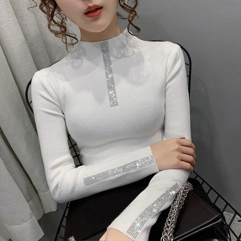 

Autumn and Winter Women's Pullover Half High Neck Long Sleeve Solid Diamonds Skinny Slim Sexy Fashion Casual Knitted Bottom Tops