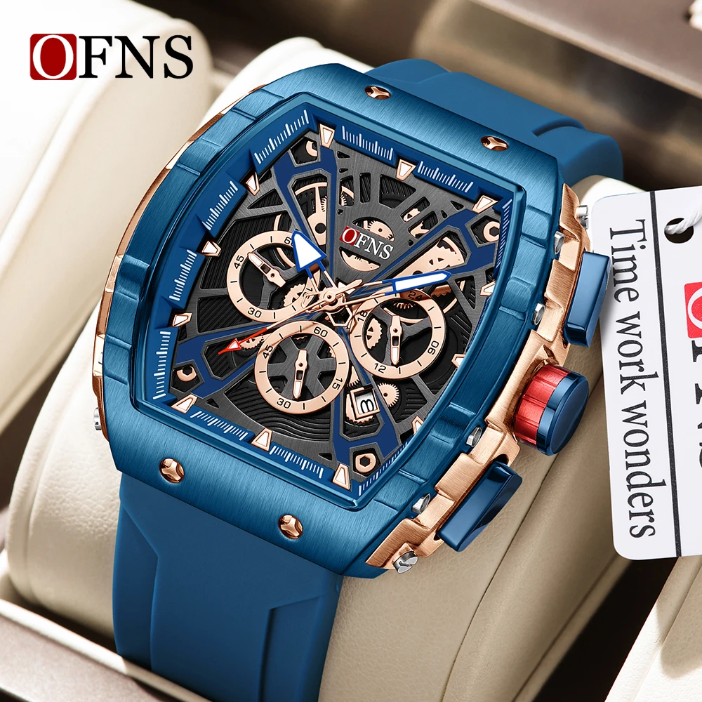 OFNS Top Brand Men's Quartz Watch Barrel Type Three Eye Six Needle Multifunctional Quartz Watch Calendar Fashion Watch 8030