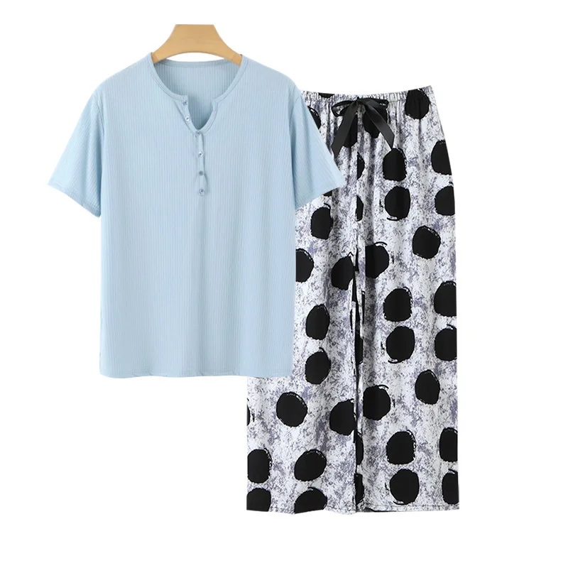 Loose V-Ne ort Sve Knitted Cotton Silk Home Spwear Set Comfortable Breathable Summer Base irt Wide Leg Pants