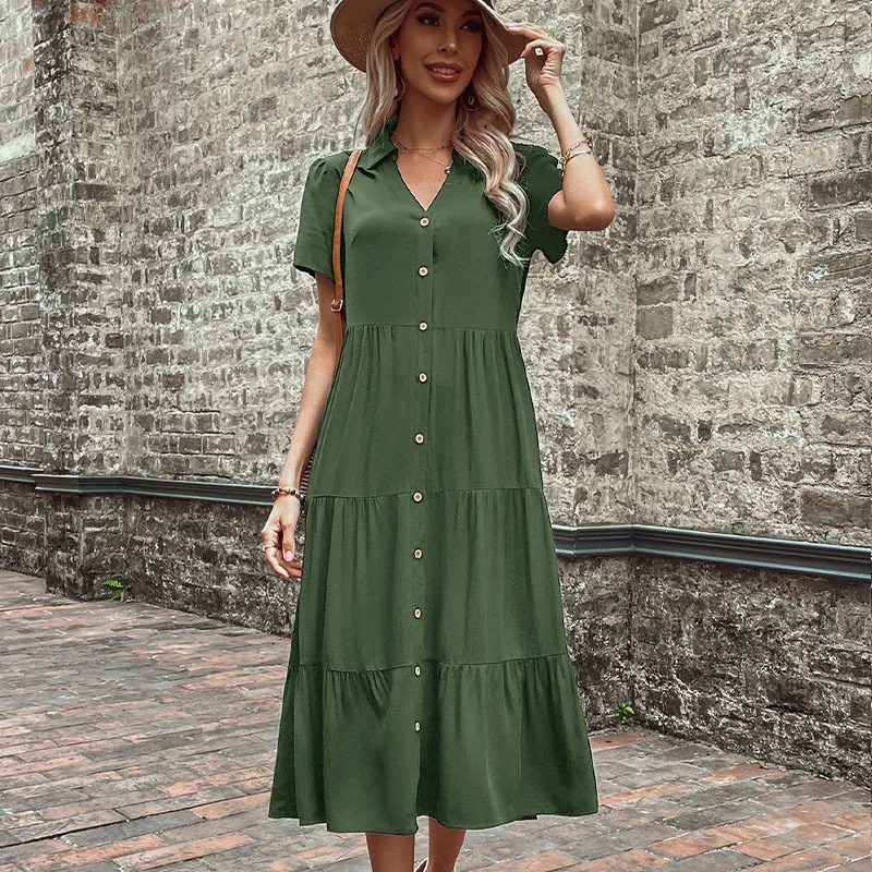 Retro Casual Women's Summer Long Dress Boho Solid Color Short Sleeve Button Beach Sundress Shirt Skirt Maxi Dresses Vestidos