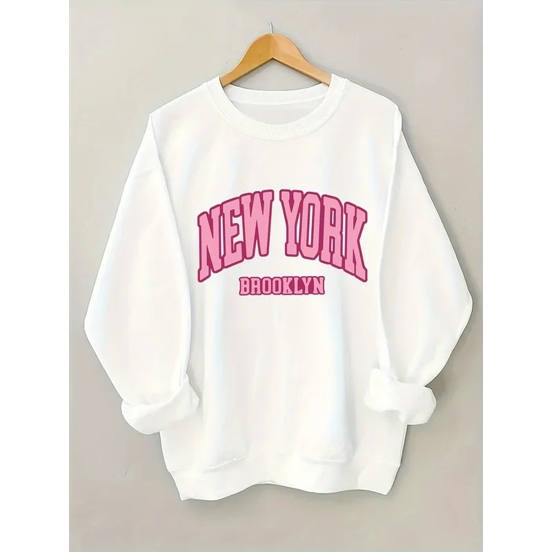Women Crewneck Sweatshirt New York Brooklyn Pink Arch Letter Graphic Long Sleeve Oversized White Pullover Varsity Casual Top