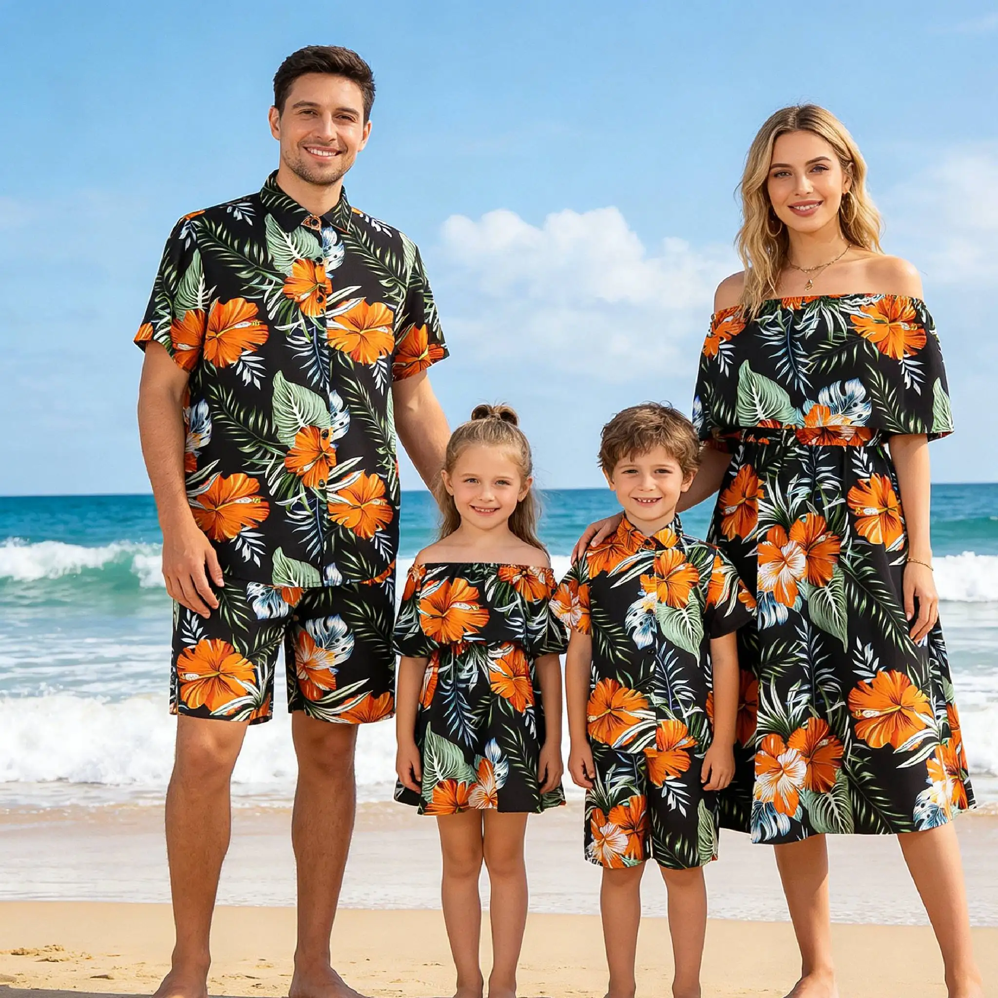 2026 Summer Women Men Boys Girls Family Matching Matching Clothes Hawaiian Flower Print Mom Daughter Dress Causal Dad Son Holida