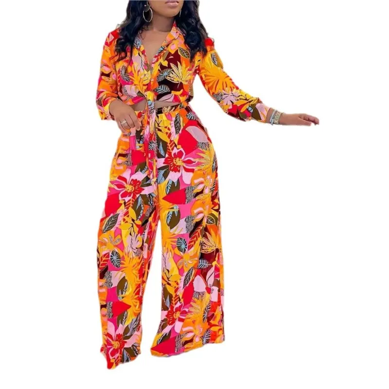 Women\'s Autumn Suit Printed Lapel Strappy Shirt High Waist Wide Leg Pants Fashionable Women\'s Long Two Piece Set