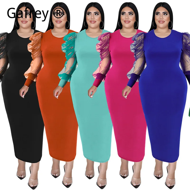 Plus Size Summer Dresses for Women Round Neck Long Sleeve Mesh Contrast Bodycon Short Mini Dress, Casual Daily Fitted Outfits
