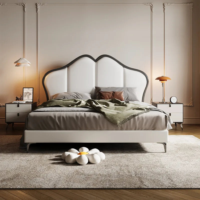 

#French Retro Master Bedroom Leather Bed High-end Wedding Bed Simple Modern Bedroom Double Size High-grade Soft Bed