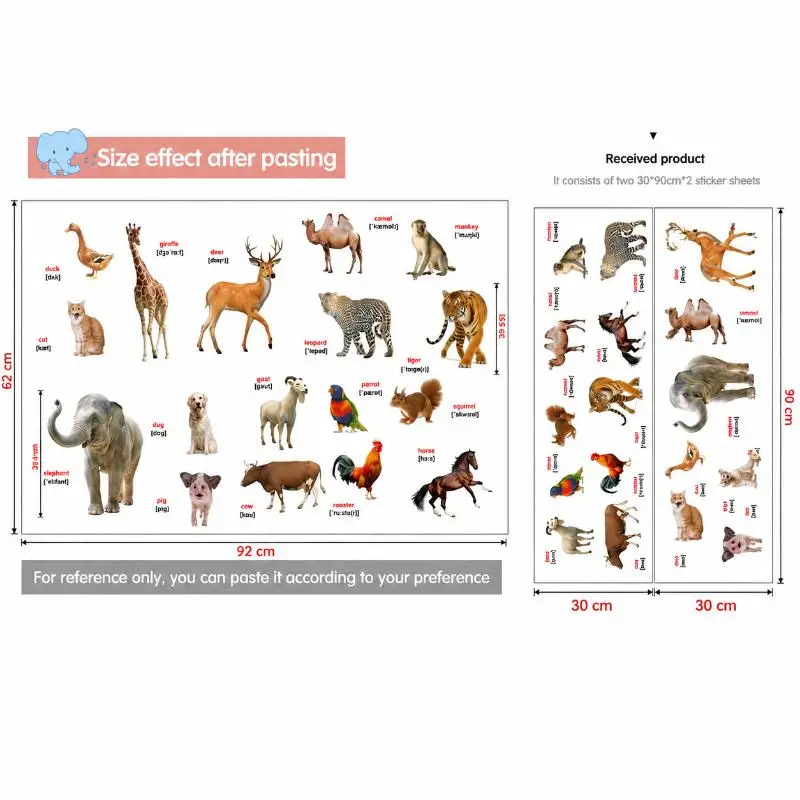 2Pcs Animal World Education Series Reality Wall Stickers For Living Room Children's Room Wall Modern Decor
