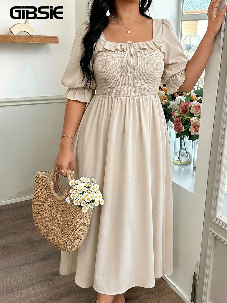 

GIBSIE Plus Size Square Neck Ruffle Trim A-Line Dress Women Summer 2026 Solid High Waist Puff Sleeve Vacation Long Dresses