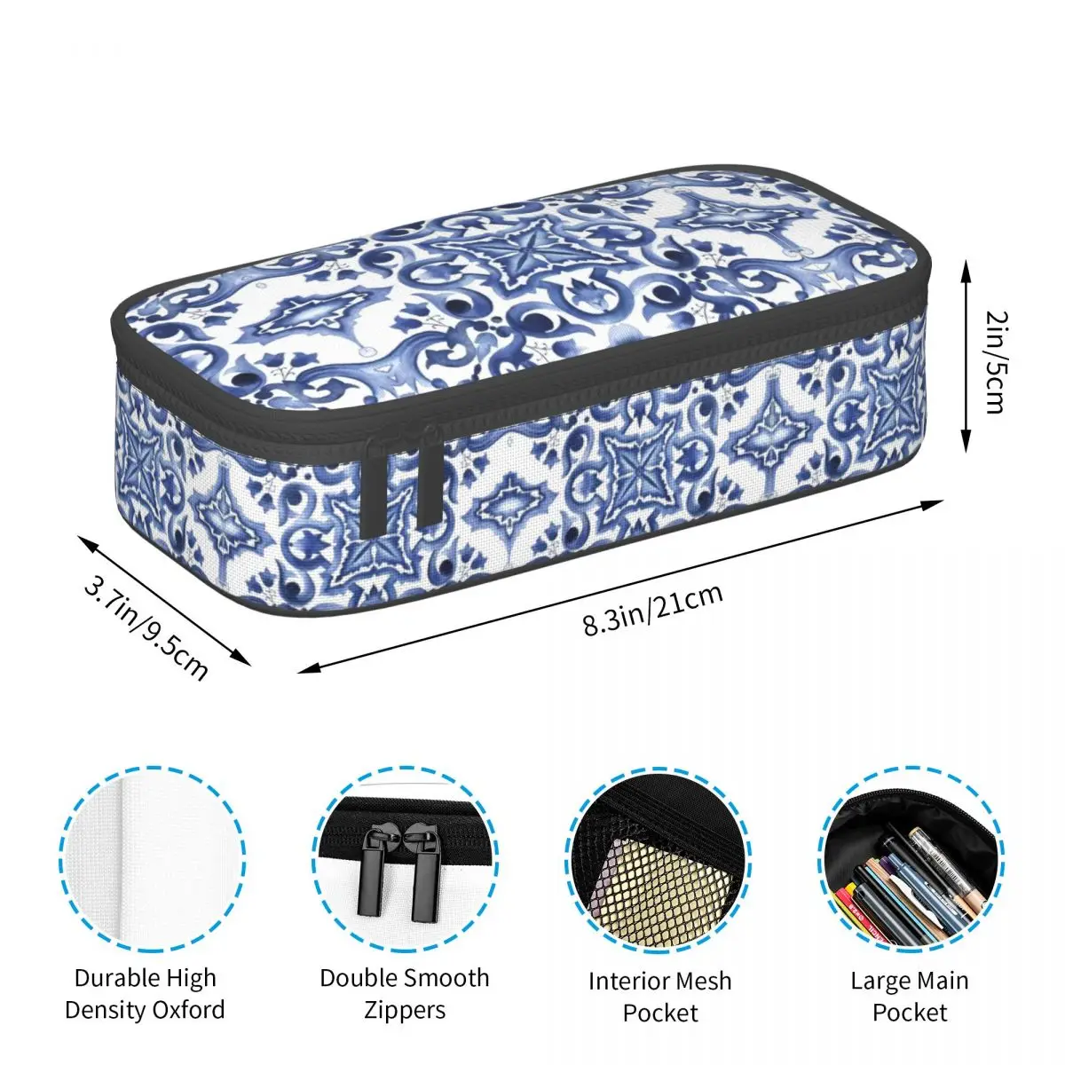 Blue Ornate Floral Mediterranean Sicilian Tile Pencil Cases Big Capacity Pen Bags Pen Box Pencil Pouch For Boys Girls Students