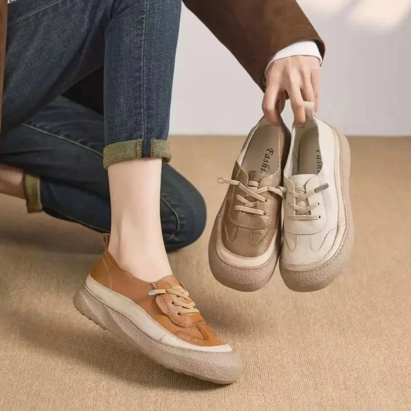 Genuine Leather Shoes Women Flat Casual Shoes Soft Cow Leather Brand Shoes Black Yellow Beige Plus Size 41 D648