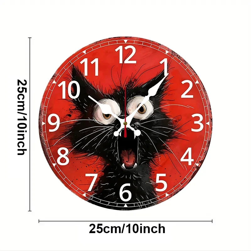 Angry Black Cat Wooden Round Silent Hanging Wall Clock, Suitable For Living Room, Office, Study Room, Bedroom, Home Decoration