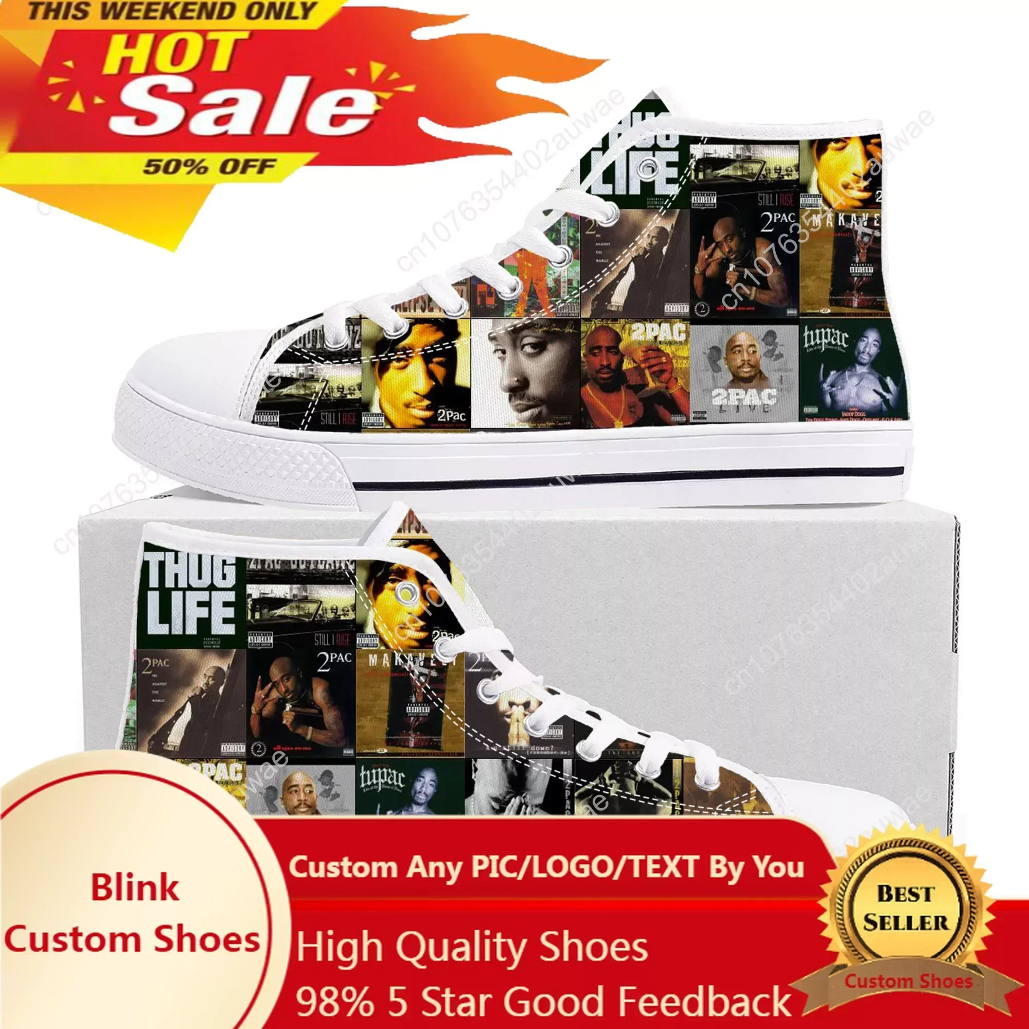Tupac Rapper 2Pac Fashion Men Women Shoes High Top High Quality Sneakers Teenager Canvas Sneaker Casual Couple Shoes Custom Shoe
