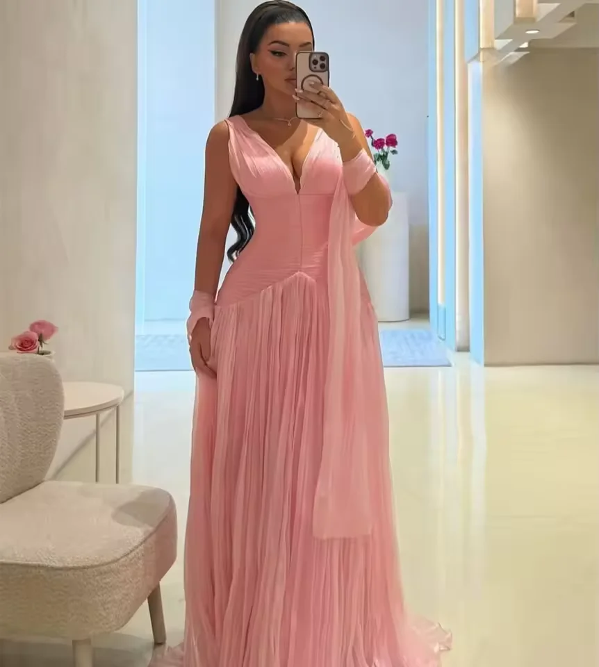 Robe de bal élégante personnalisée pour femmes, col en v, sans manches, ligne a, longueur au sol, robe de soirée de mariage, châle, robes de soirée formelles