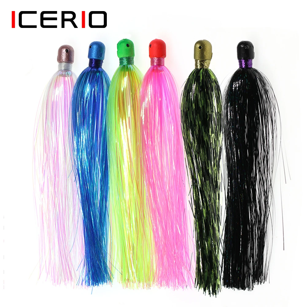 

ICERIO 12pcs 6 Colors Fishing Teasers Mylar Flash Tail Heavy Jig Head Trolling Lure Bait for Saltwater Fluke Flounder Rig