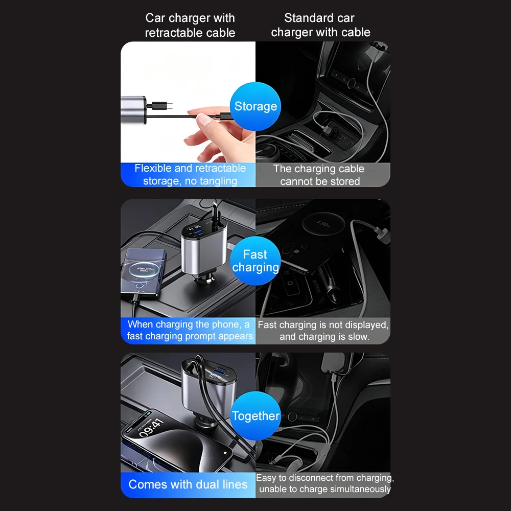 3 in 1 120W Car Charger Retractable Car Cigarette Lighter Adapter USB Type C to Type C Fast Charger Cable For iPhone Samsung
