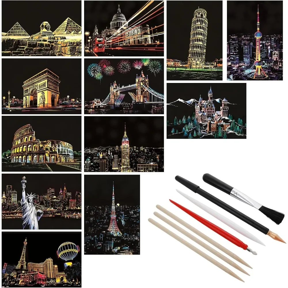 무지개 스크래치 페이퍼 및 스크래치 도구 키트 시티 시리즈 야경 스크래치 아트 (성인 및 어린이용)