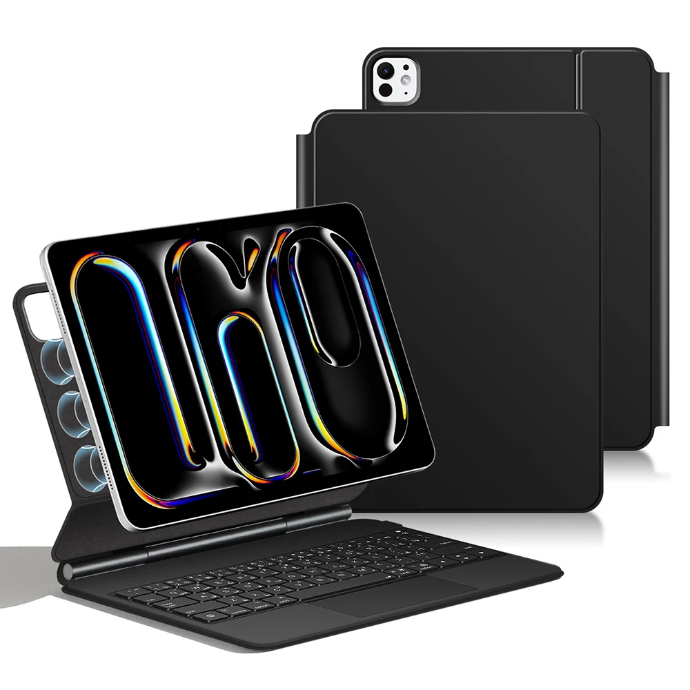 

For iPad Pro 11 (2024) Smart Pogo Pin Direct Connection Keyboard (Arabic Layout) + Leather Tablet Case - Black