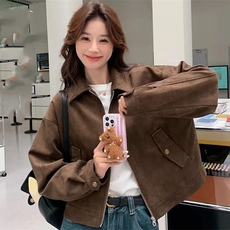 

Корейская женская новая куртка с длинными рукавами, 2025 г., женская высококачественная повседневная короткая верхняя одежда, весенне-осенняя женская модная однотонная верхняя одежда