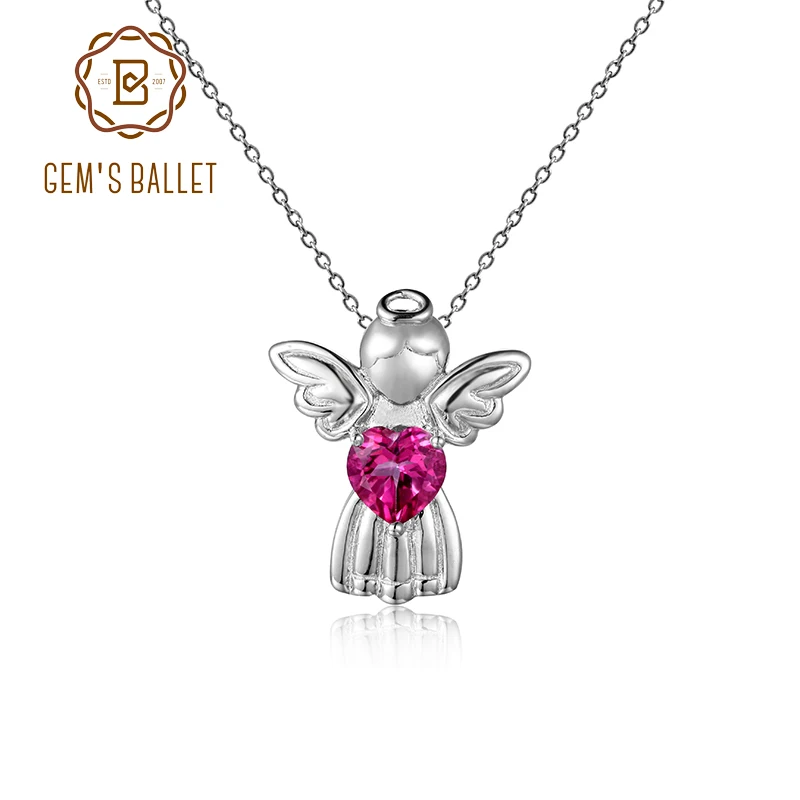 Gem's Ballet 925 Sterling Silver Womens Angel Pendant Necklace With 6x6mm Heart Shape Pink Topaz 18