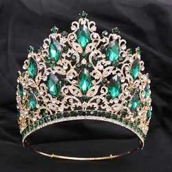 Gorgeous Green Crystal Tiara Round Crown 14cm Height Bridal Headwear Pageant Headdress Party Elegant Diadem Wedding Hair jewelry