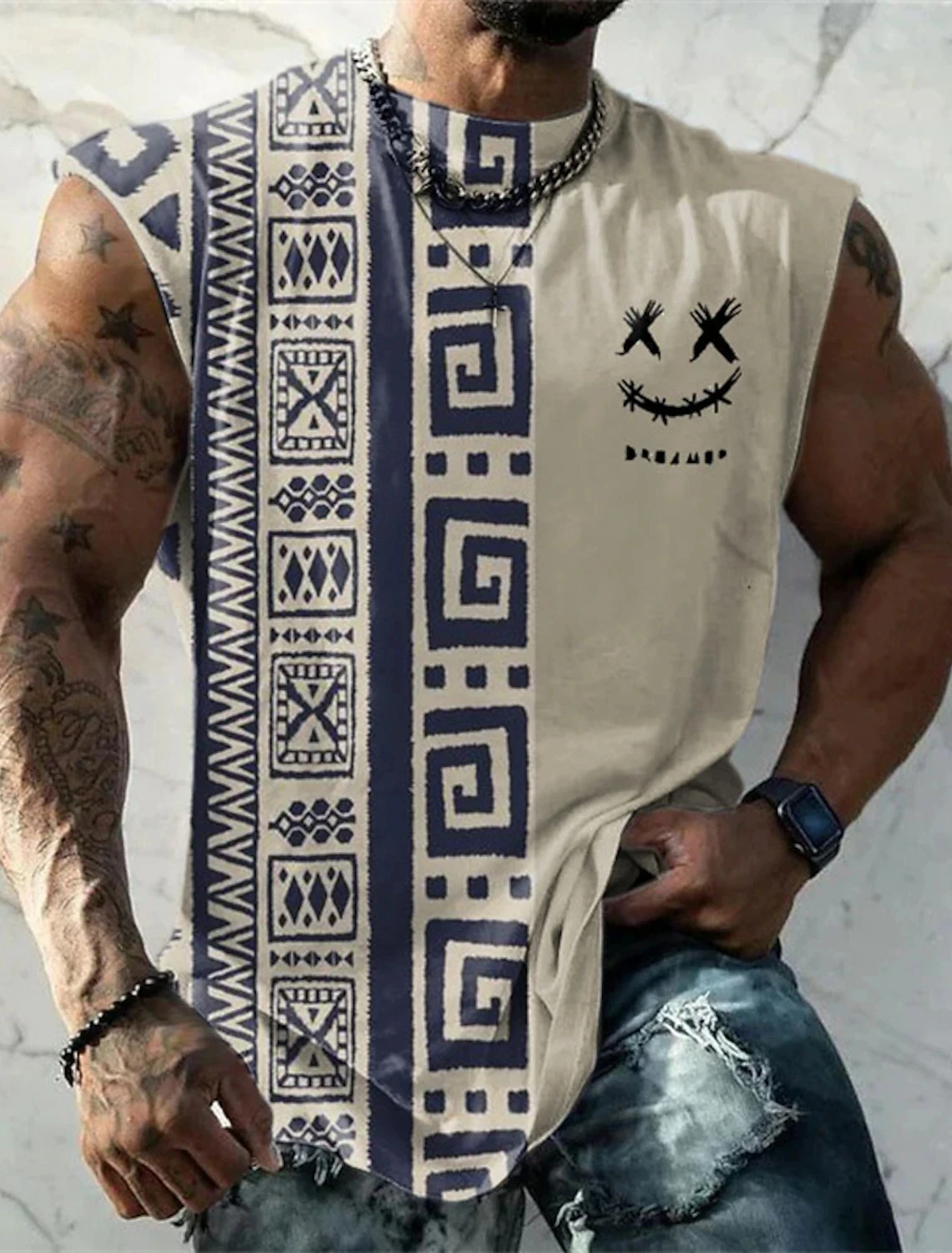 Summer New Men's Vest T Shirt Patterned Tribal Round Neck Clothing Daily Fitness Sports Vintage Sleeveless Printed Ethnic Tops