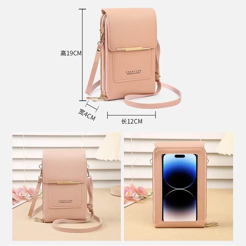 Mini Crossbody Bag for Women\'s Key Credit Card Mobile Phone Storage Bag with Touchable Film Cute Solid Color PU Multiple Pockets