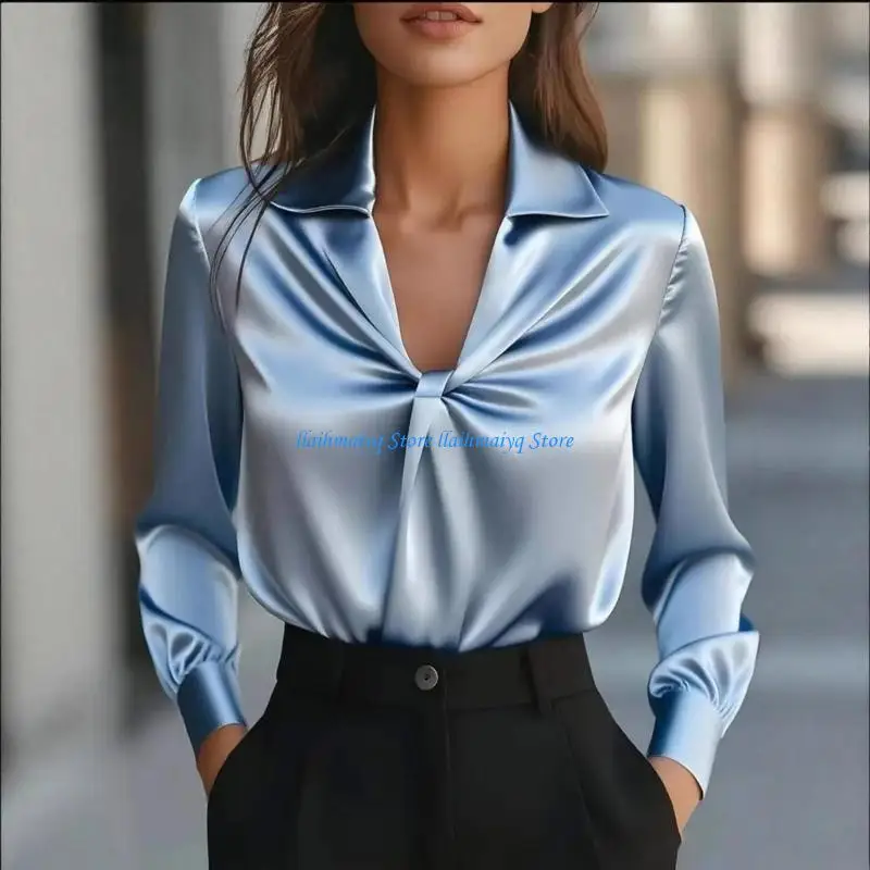 573B Womens Satin Silk Shirts Long Sleeve V Neck Lace-Up Blouse Casual Loose Dressy Business Work Office Tunic Tops