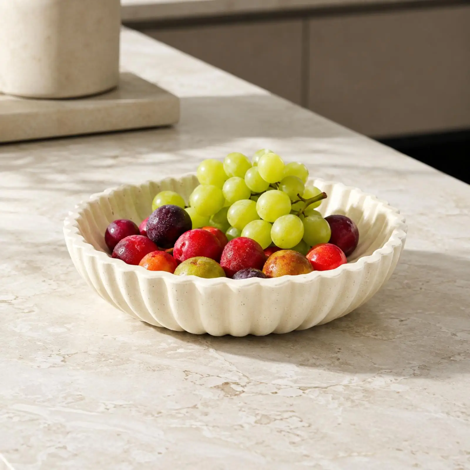 Industrial Stone Snack Tray Fluted Design Bowl for Fruit Serving Home Display Polished Finish Round Dish for Countertop