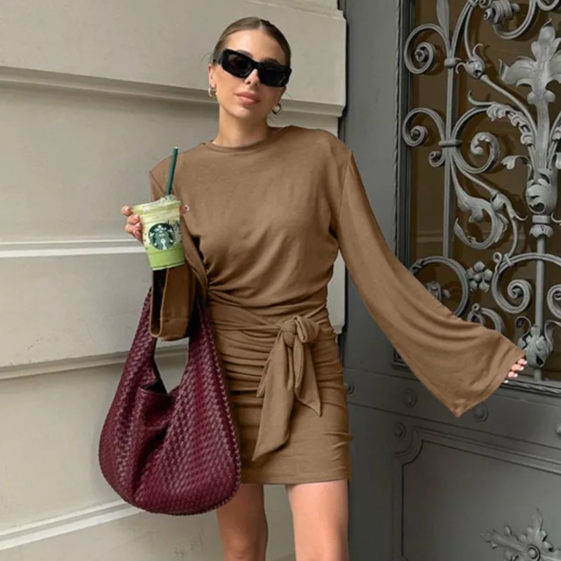 

Lace Up Brown Women Dress Flare Sleeve Round Neck Chic Fashion Short Dress High Elastic Soft Tight Female Dresses 2025 New