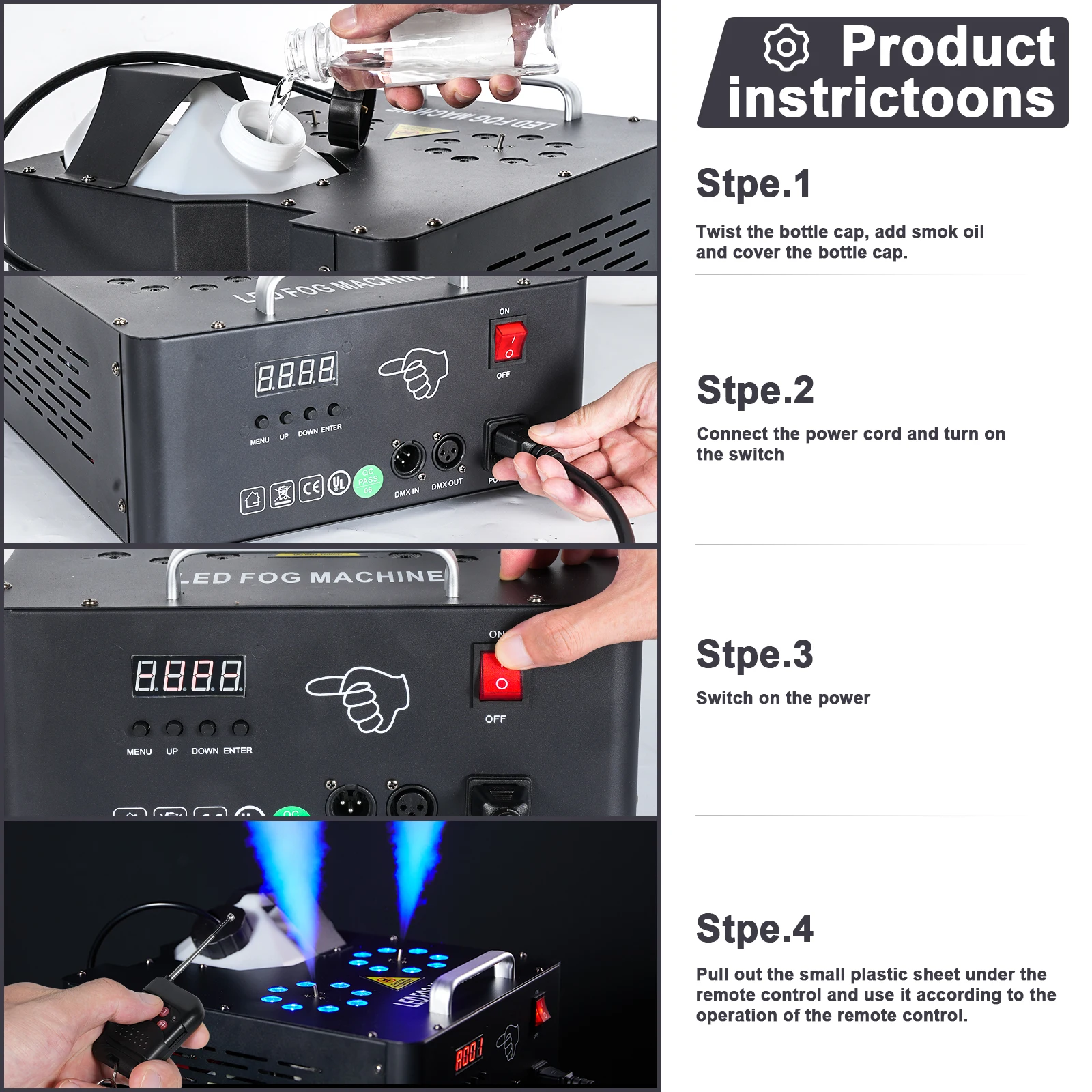 2000W Smoke Machine Double Holes Fog Machine with RGB Effect Lights for Performance Remote Fog Sprayer Wedding Concert DJ Disco