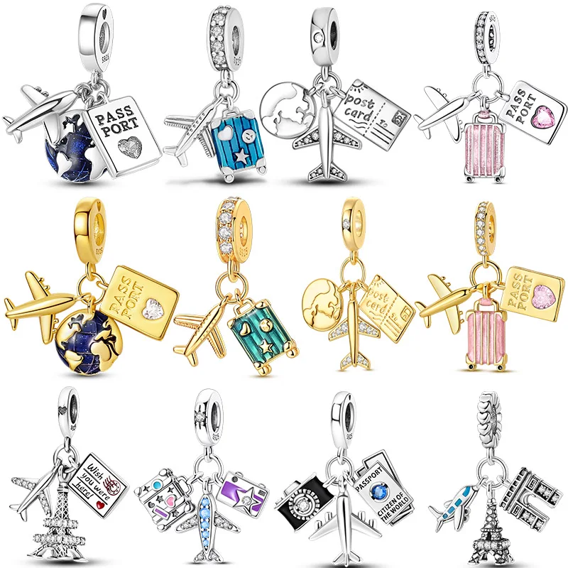 

Charms Original 925 Sterling Silver Airplane Luggage Passport Charms Beads Fit Bracelet Pendant DIY Women Man DIY Jewelry Making
