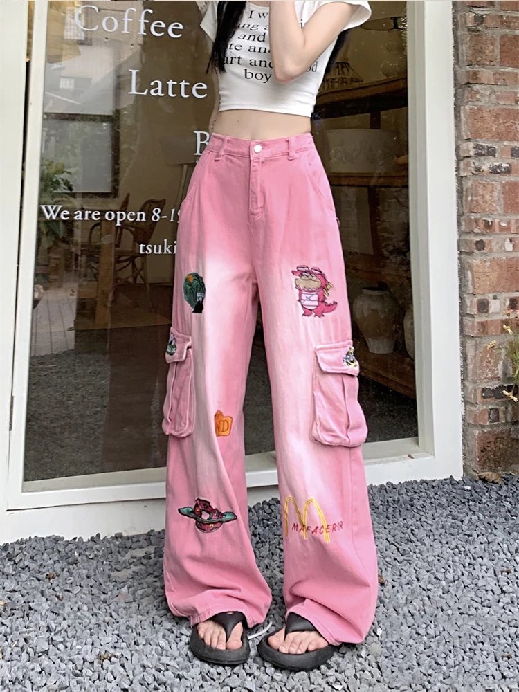 Embroidered Kawaii Cartoon Denim Pants Big Pockets Wide Leg Cargo Pants Harajuk Trousers Baggy Jeans Women High Street Y2k Pants