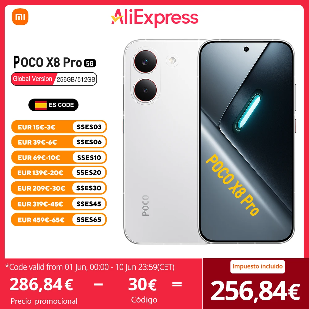 POCO X8 Pro 5G Versión Europea 256GB/512GB 6.59" AMOLED 1.5K 120Hz 6210mAh 50MP OIS IP68 NFC Dimensity 8500-Ultra Sin Cargador