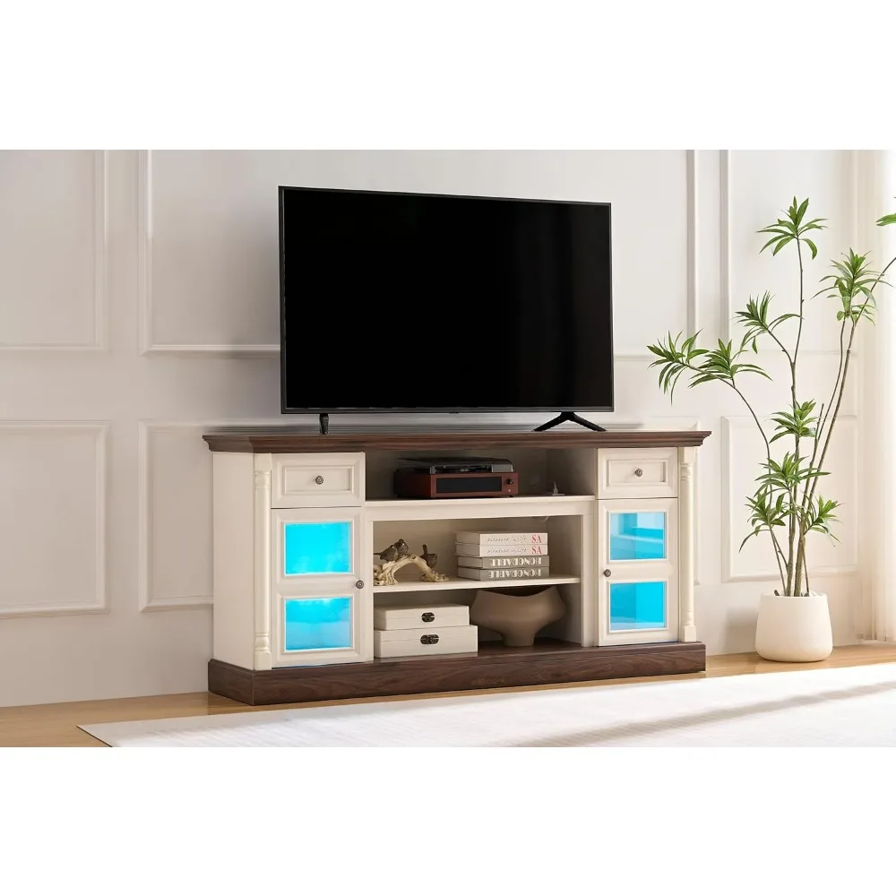 モダンな70インチ対応LEDテレビ用エンターテイメントセンター、ローマ風柱デザインのファームハウス風暖炉付きテレビ台