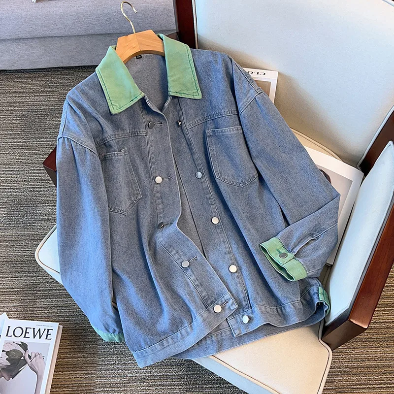 Jacket Women Denim Coat Autumn 2026 Outerwear Streetwear Patchwork Single Breasted Pockets Turn Down Collar Washed Overcoat