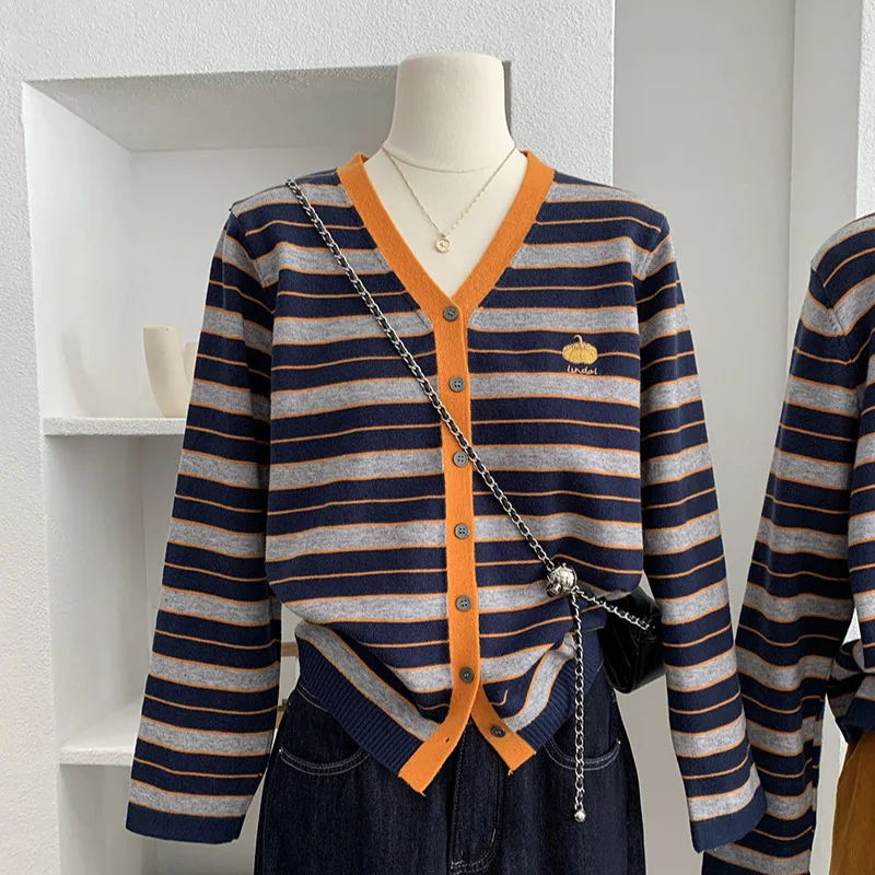 

Color Blo V-Ne Pumpkin Letter Embroidery Striped Knitted Open Cardigan Women's Autumn Winter Loose Faionable Sweater Top