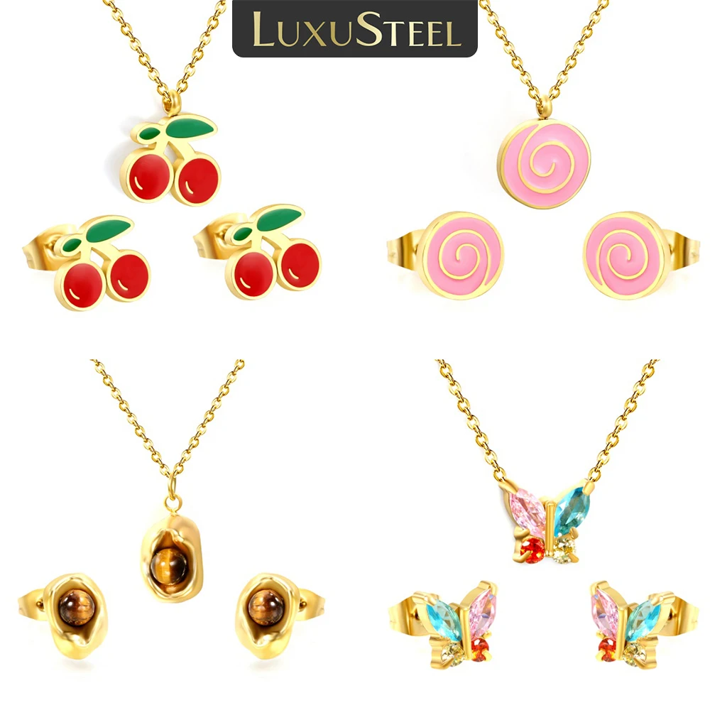 

LUXUSTEEL Women's Red Drip Oil Pendants Necklace Earring Sets Butterfly Stainless Steel Chain Necklace Geometric Jewelry Gifts