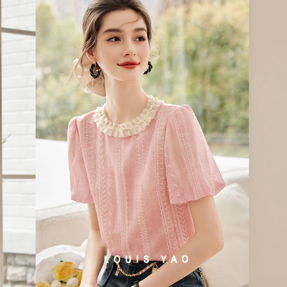 

LOUIS YAO контрастного цвета, кружевная рубашка, лето 2022, элегантные простые женские блузки с круглым вырезом и короткими рукавами, кружевным воротником
