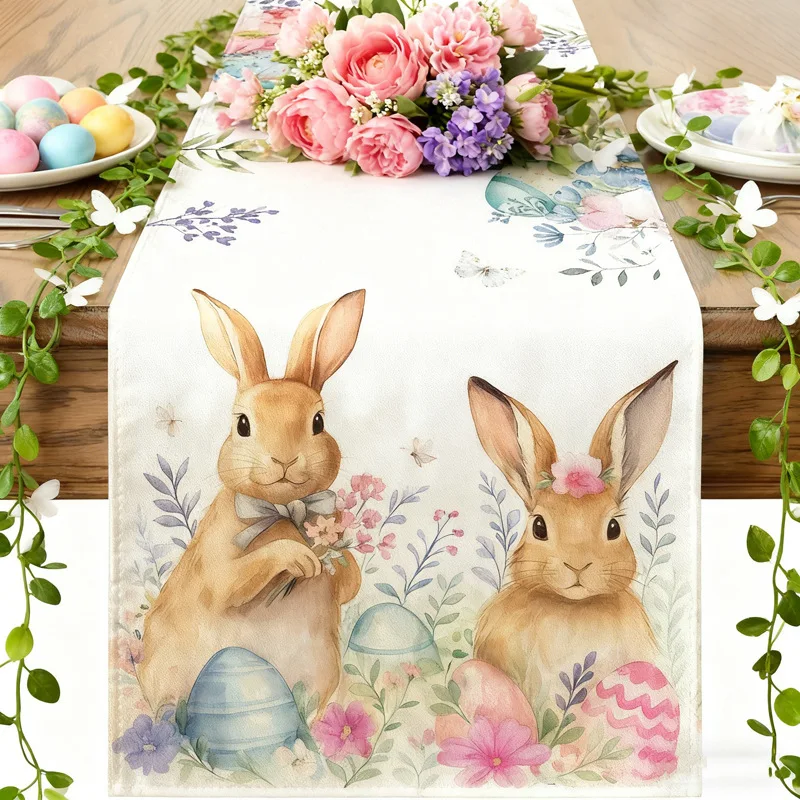 Cross-border Best-selling Easter Rabbit Table Runner Faux Linen Rabbit Tablecloth Easter Egg Living Room Dining Table Decoration