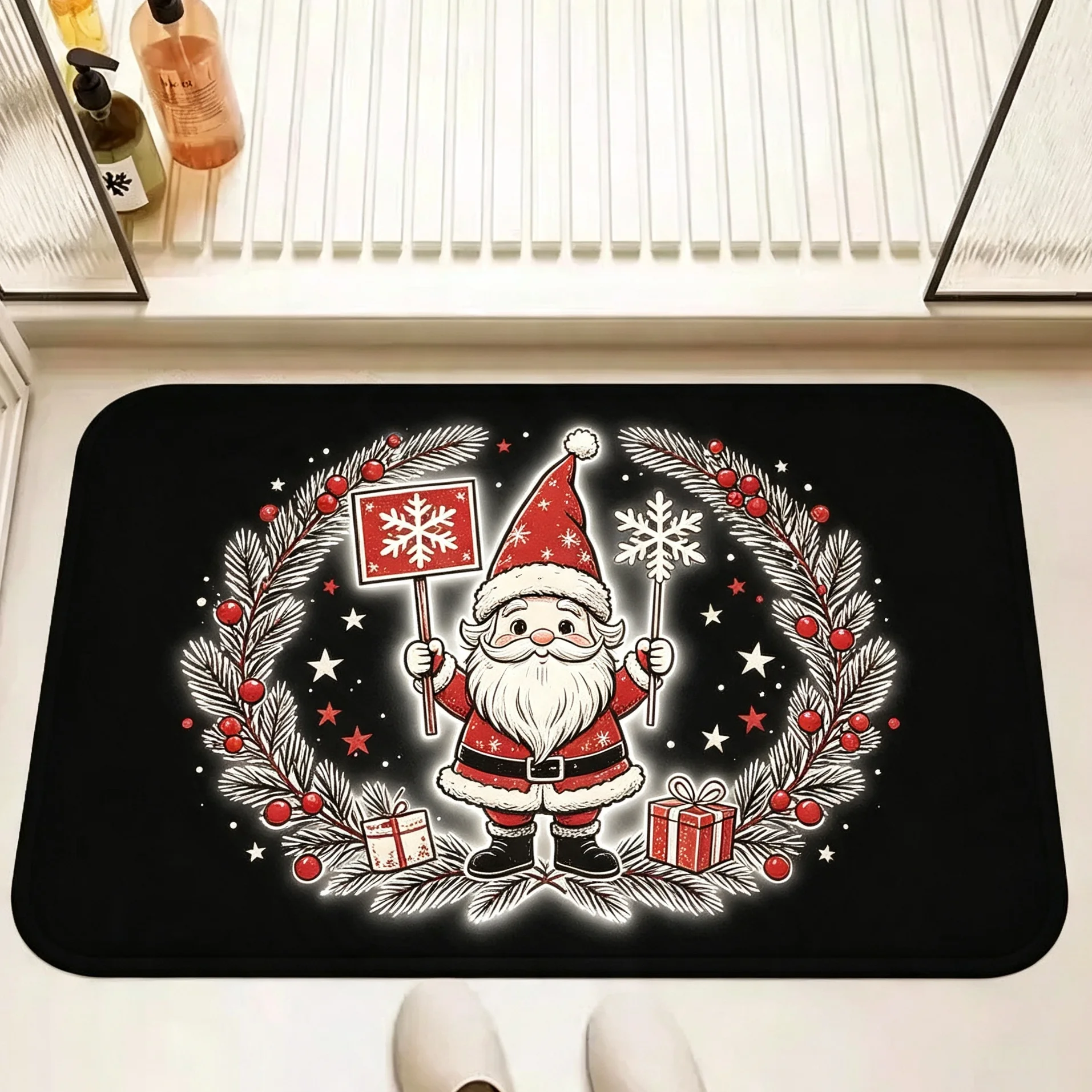 Snowflake Halo Tree Hugging Gnome Rug For Peaceful Holiday Vibe Gentle Design Non Slip Floor Mat