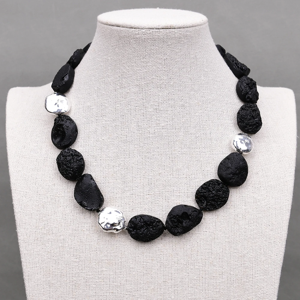 

GG 19'' Natural Black Meteorite Stone Silver Color Plated Keshi Coin Pearl Bead Chokers Necklace Lady Jewelry Gift